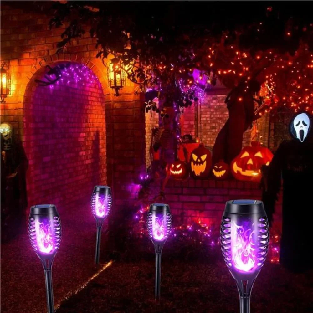 Purple Solar Halloween Lights, 12 Pack Solar Torch Lights with Flickering Flame